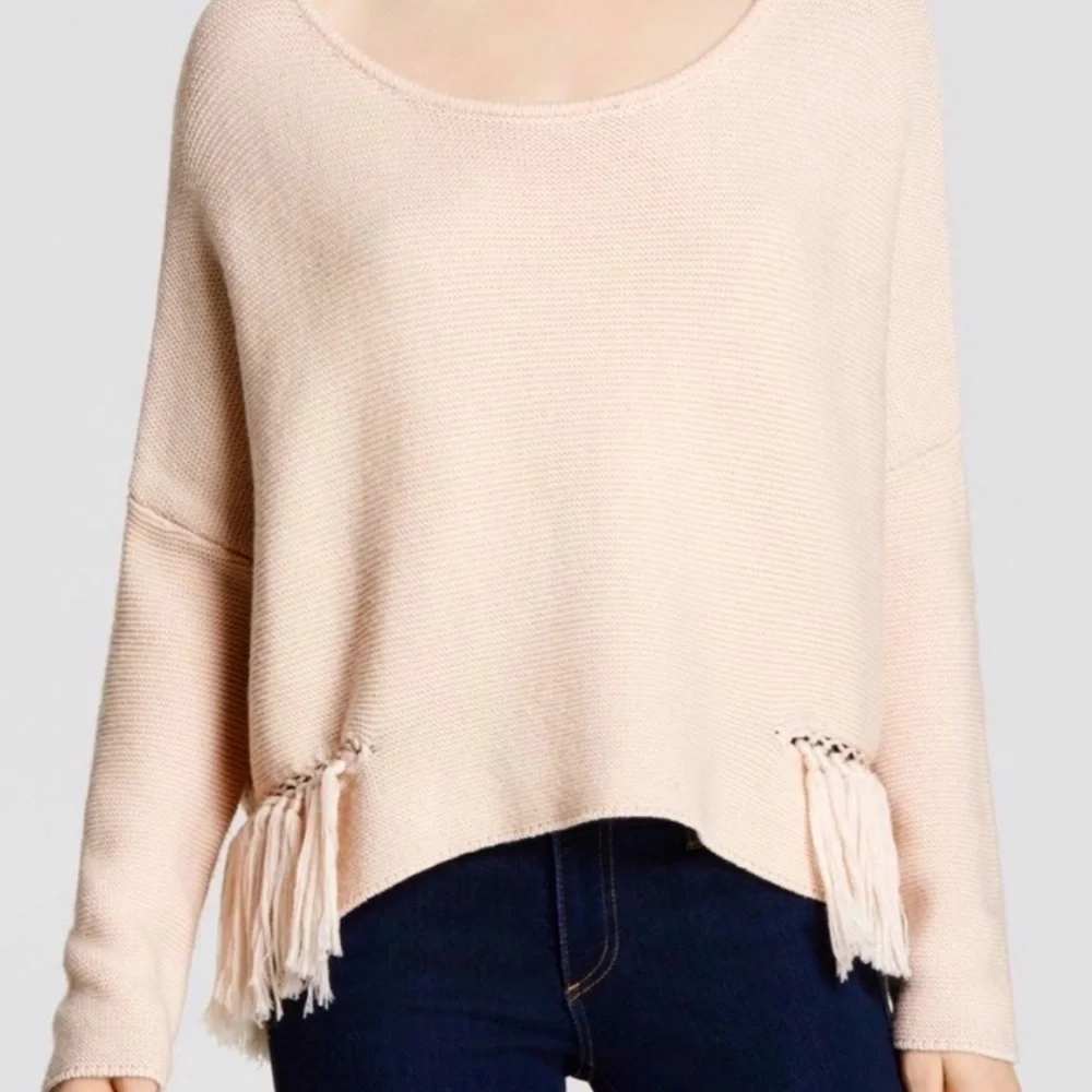 RAMY BROOK Kelly Sweater Blush Pink Pullover Fringe 100% Merino Wool